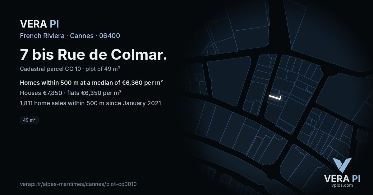 7 bis Rue de Colmar, Cannes at night – the plot lit, the parcels around coloured by the prices near them
