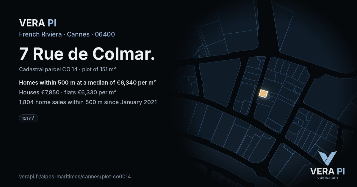 7 Rue de Colmar, Cannes at night – the plot lit, the parcels around coloured by the prices near them