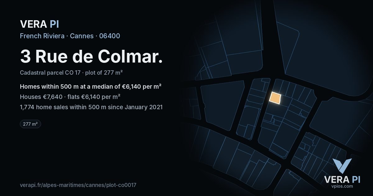 3 Rue de Colmar, Cannes at night – the plot lit, the parcels around coloured by the prices near them
