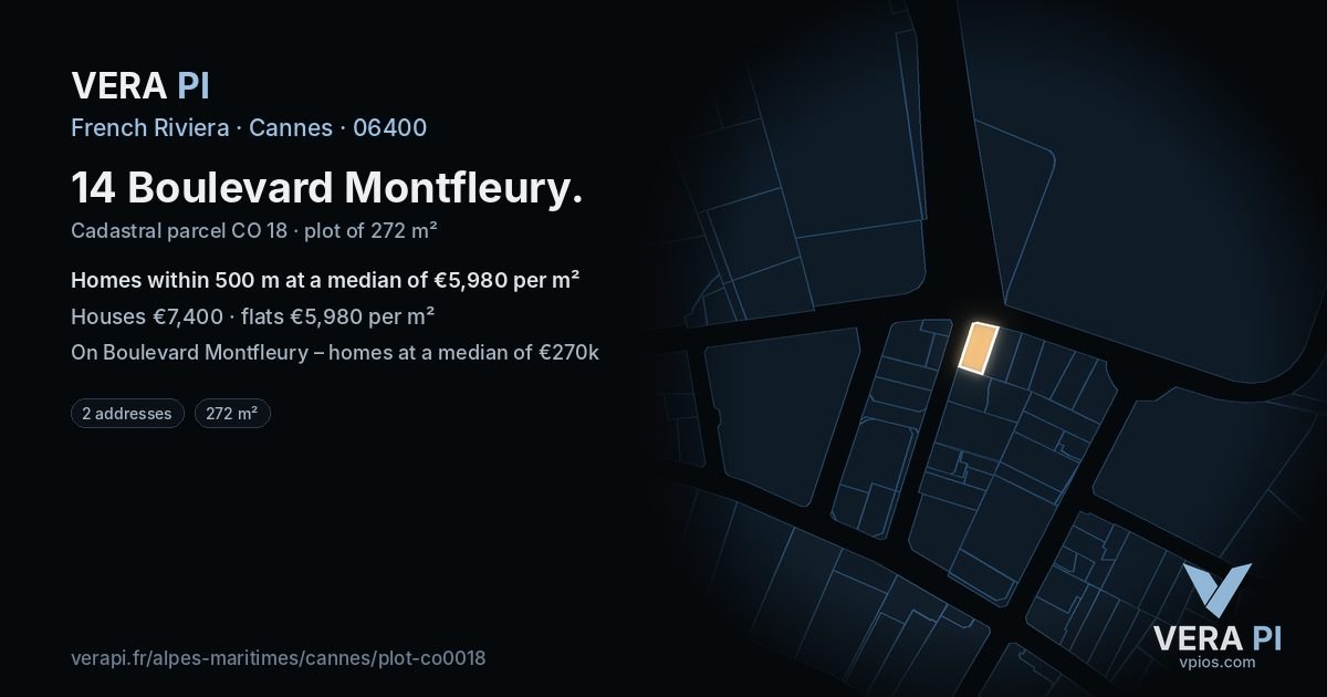 14 Boulevard Montfleury, Cannes at night – the plot lit, the parcels around coloured by the prices near them