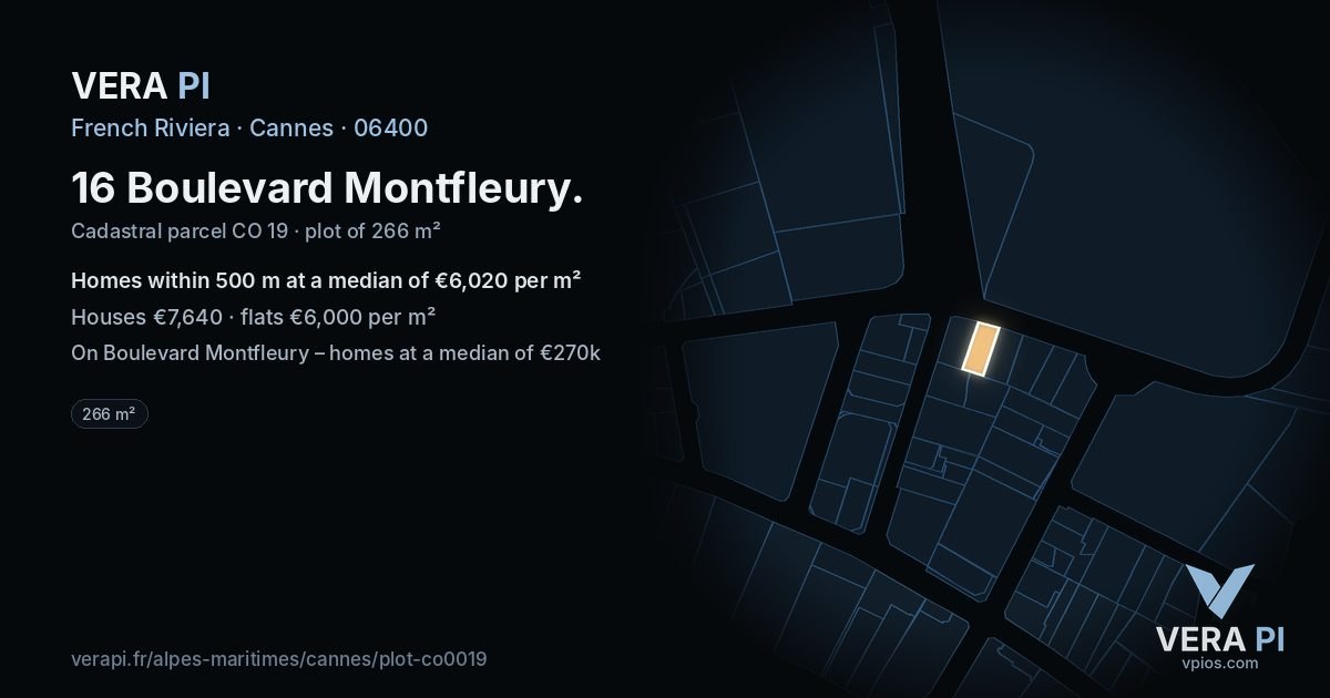 16 Boulevard Montfleury, Cannes at night – the plot lit, the parcels around coloured by the prices near them