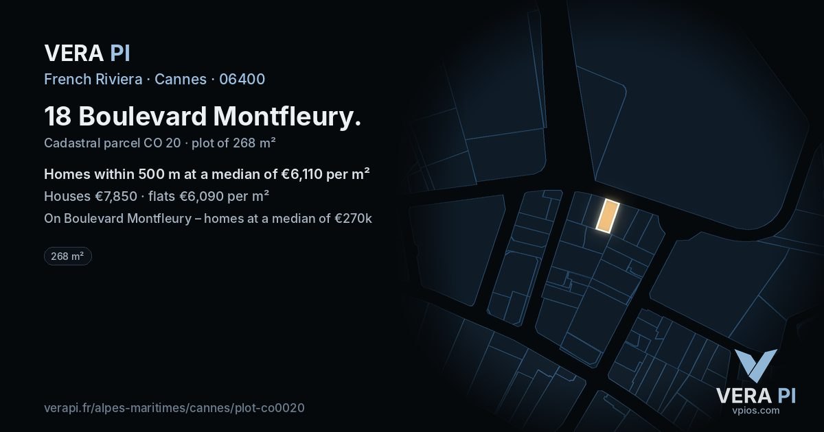 18 Boulevard Montfleury, Cannes at night – the plot lit, the parcels around coloured by the prices near them