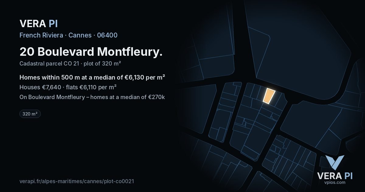 20 Boulevard Montfleury, Cannes at night – the plot lit, the parcels around coloured by the prices near them