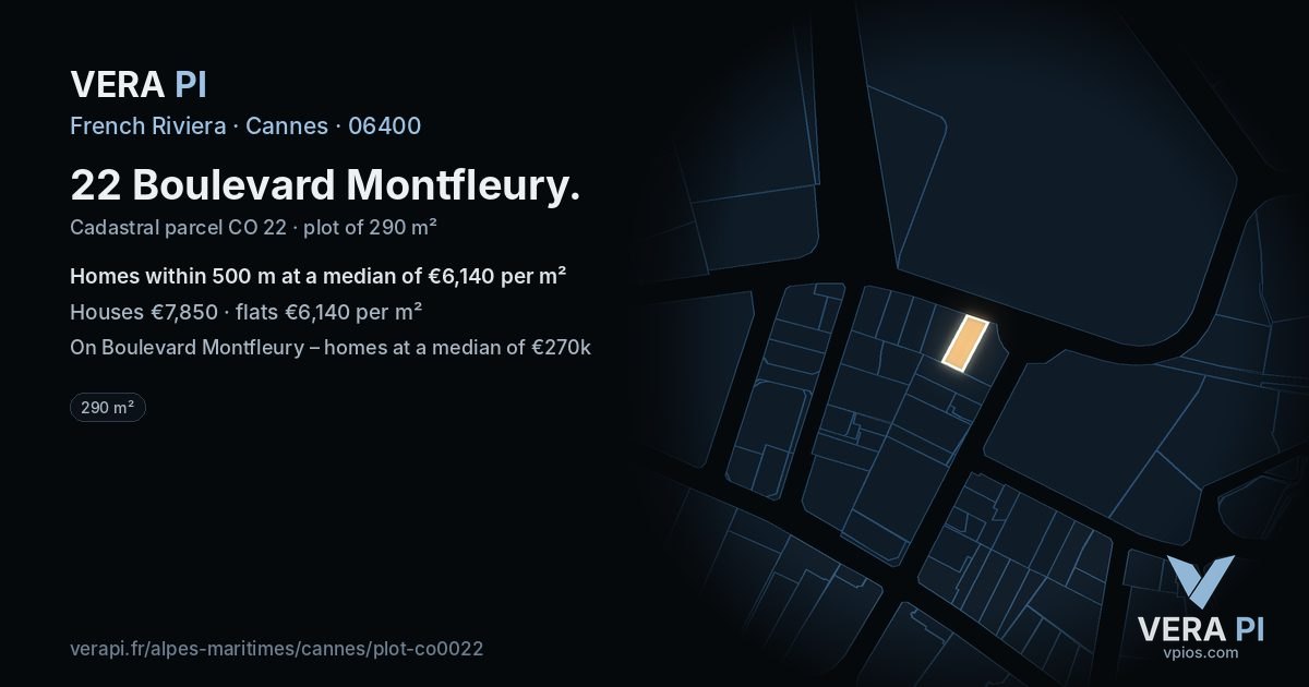 22 Boulevard Montfleury, Cannes at night – the plot lit, the parcels around coloured by the prices near them