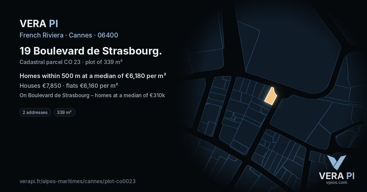 19 Boulevard de Strasbourg, Cannes at night – the plot lit, the parcels around coloured by the prices near them