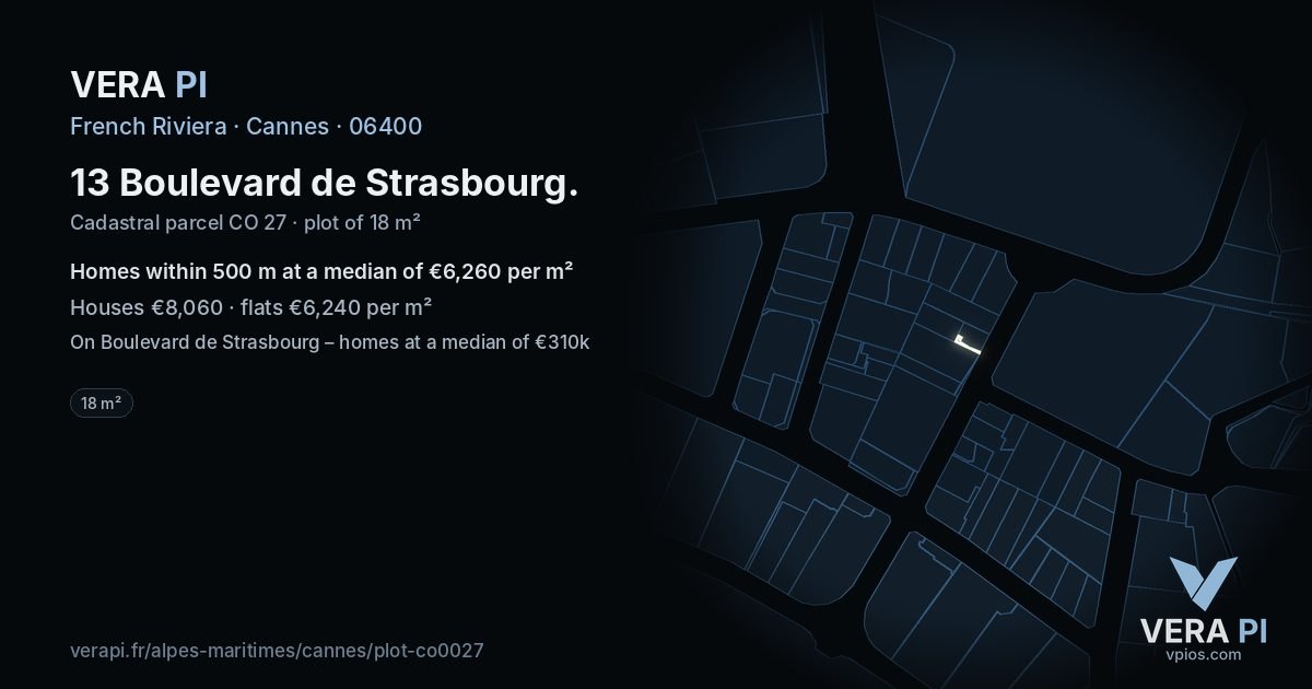 13 Boulevard de Strasbourg, Cannes at night – the plot lit, the parcels around coloured by the prices near them