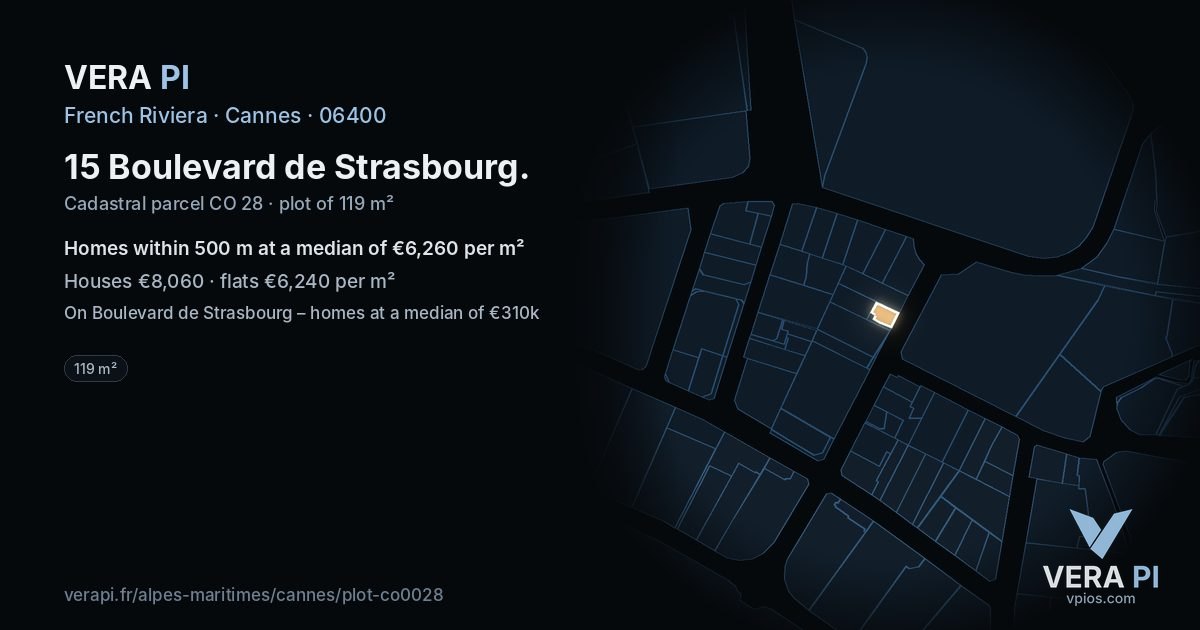 15 Boulevard de Strasbourg, Cannes at night – the plot lit, the parcels around coloured by the prices near them