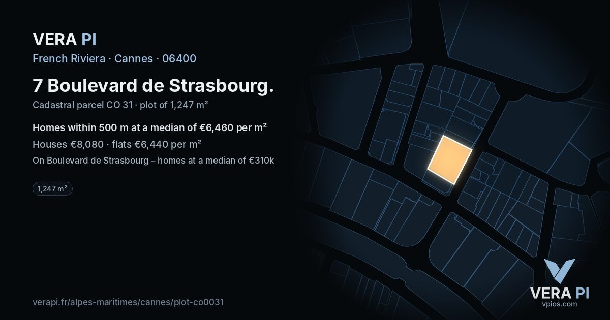 7 Boulevard de Strasbourg, Cannes at night – the plot lit, the parcels around coloured by the prices near them