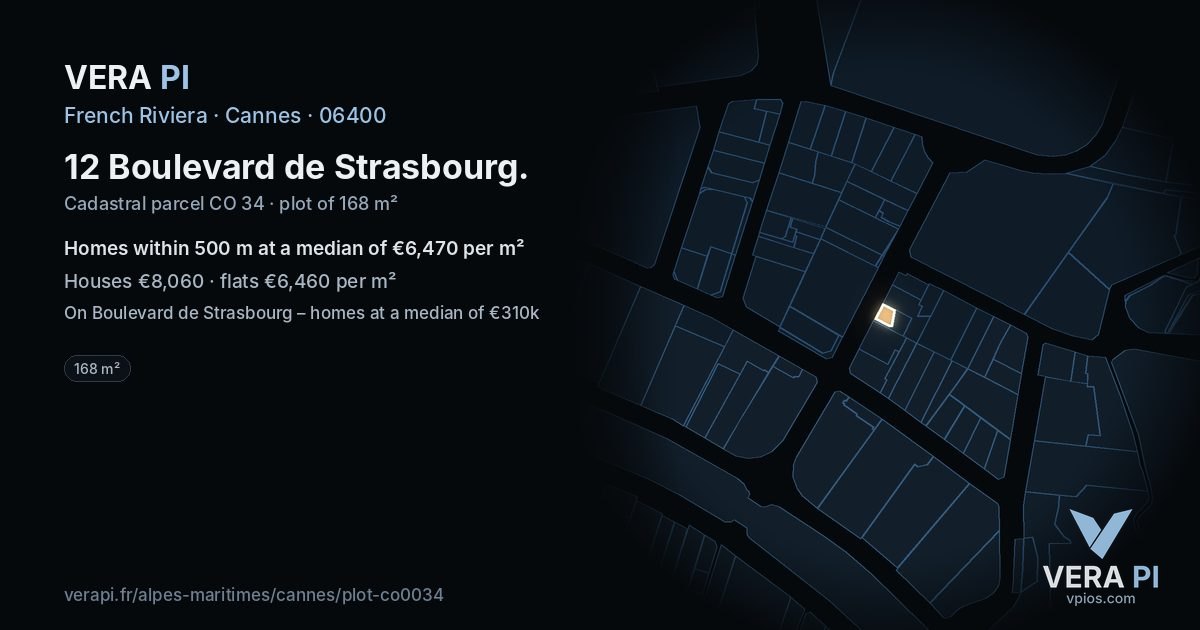 12 Boulevard de Strasbourg, Cannes at night – the plot lit, the parcels around coloured by the prices near them