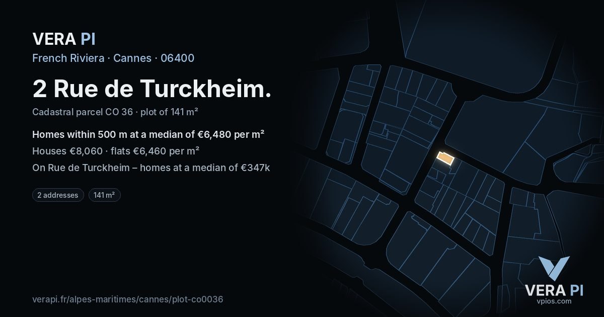 2 Rue de Turckheim, Cannes at night – the plot lit, the parcels around coloured by the prices near them