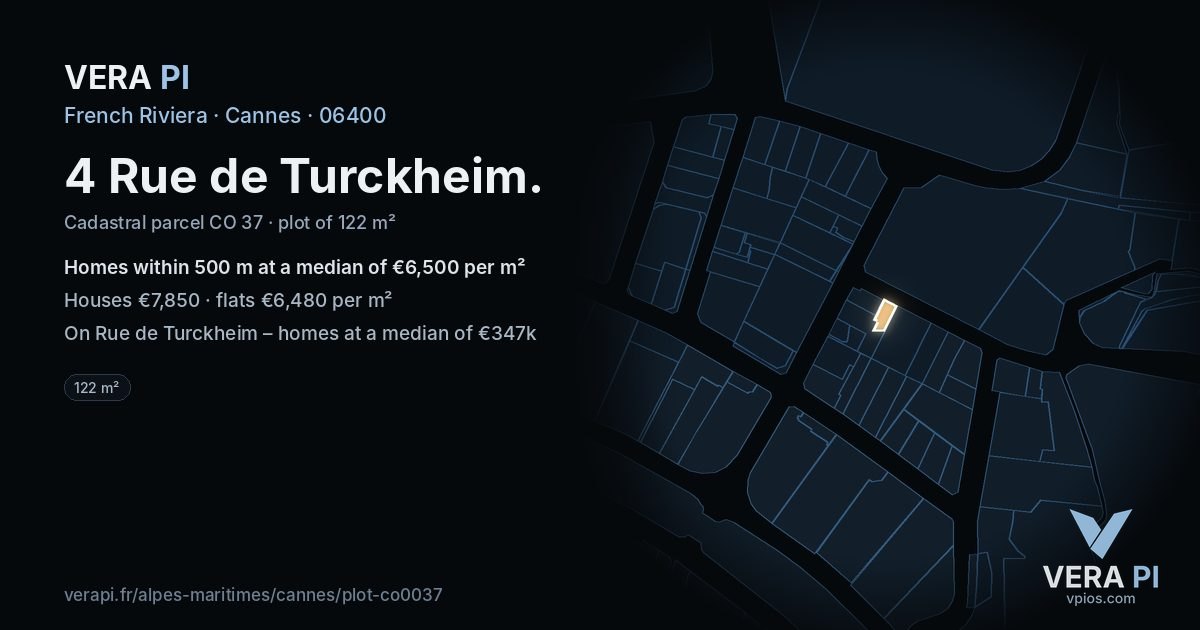 4 Rue de Turckheim, Cannes at night – the plot lit, the parcels around coloured by the prices near them
