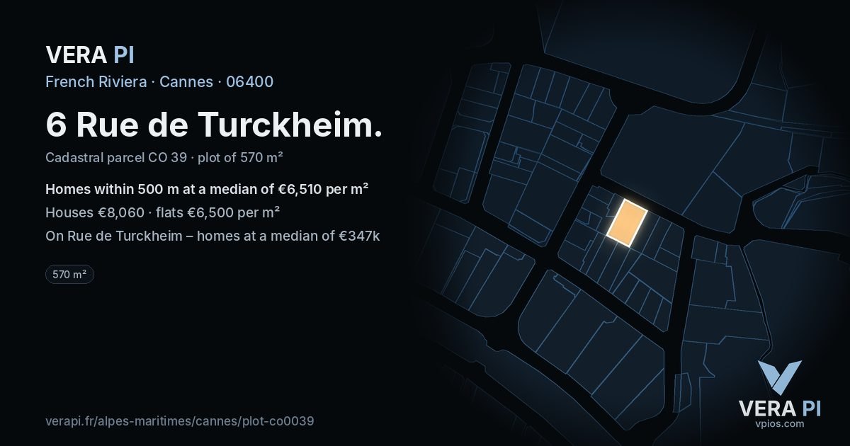 6 Rue de Turckheim, Cannes at night – the plot lit, the parcels around coloured by the prices near them