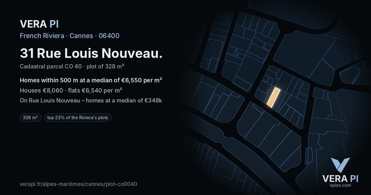 31 Rue Louis Nouveau, Cannes at night – the plot lit, the parcels around coloured by the prices near them