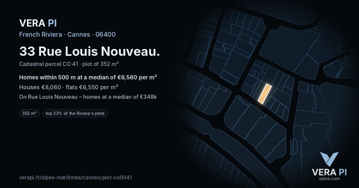 33 Rue Louis Nouveau, Cannes at night – the plot lit, the parcels around coloured by the prices near them