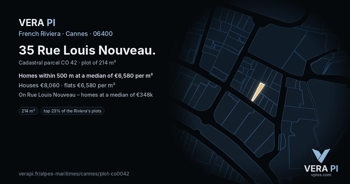 35 Rue Louis Nouveau, Cannes at night – the plot lit, the parcels around coloured by the prices near them