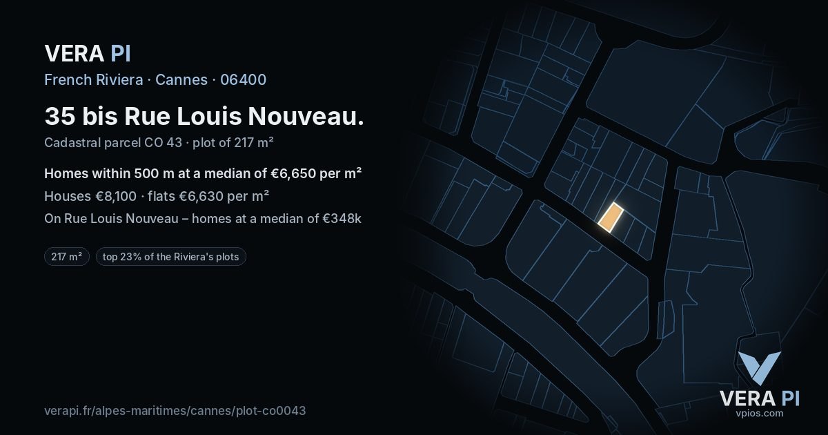 35 bis Rue Louis Nouveau, Cannes at night – the plot lit, the parcels around coloured by the prices near them