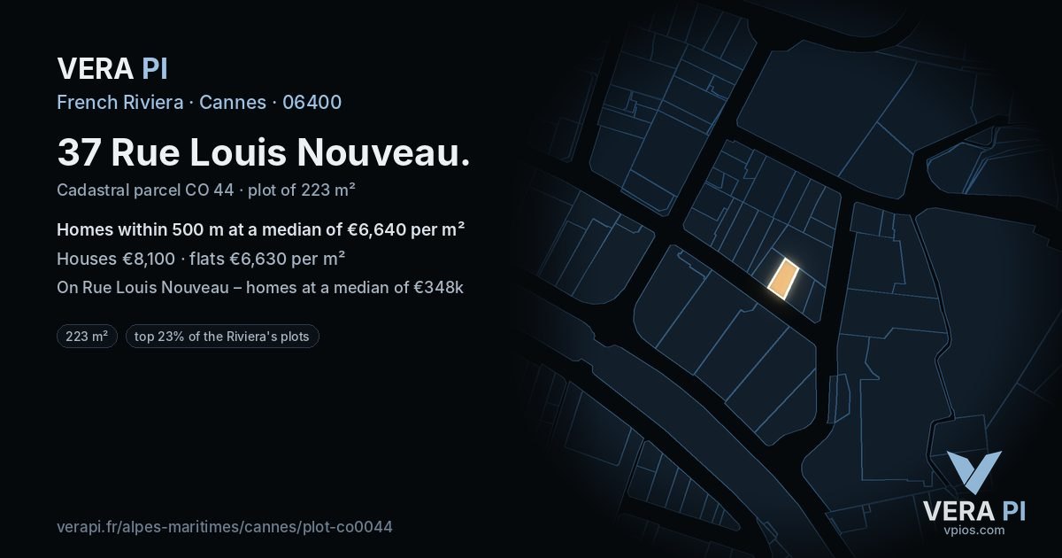 37 Rue Louis Nouveau, Cannes at night – the plot lit, the parcels around coloured by the prices near them