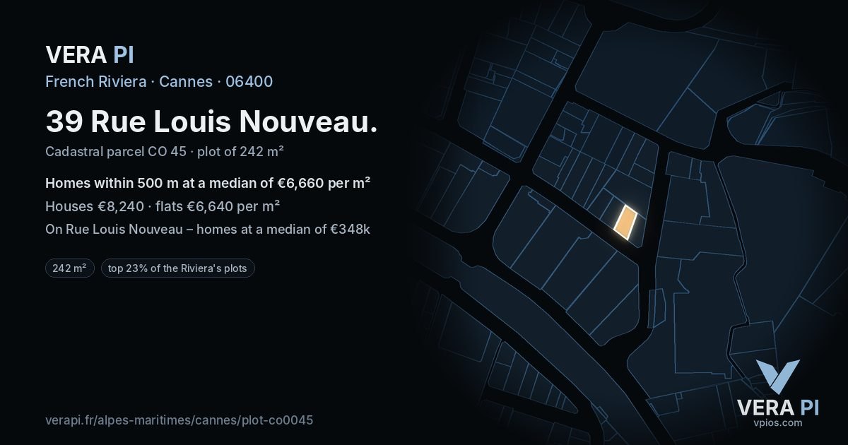 39 Rue Louis Nouveau, Cannes at night – the plot lit, the parcels around coloured by the prices near them