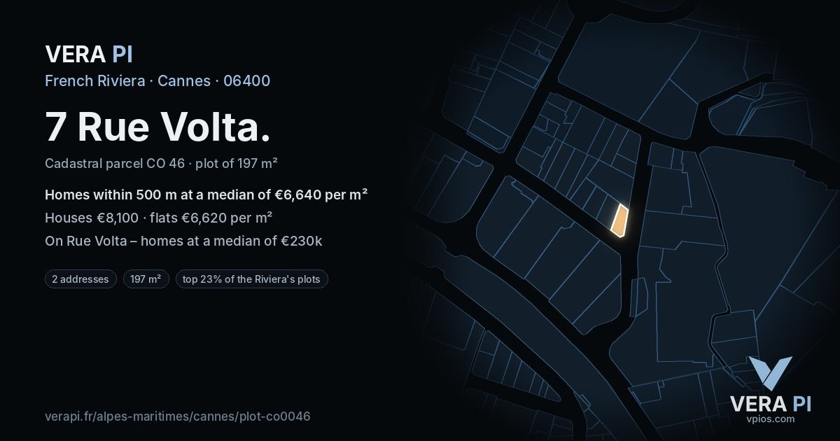 7 Rue Volta, Cannes at night – the plot lit, the parcels around coloured by the prices near them