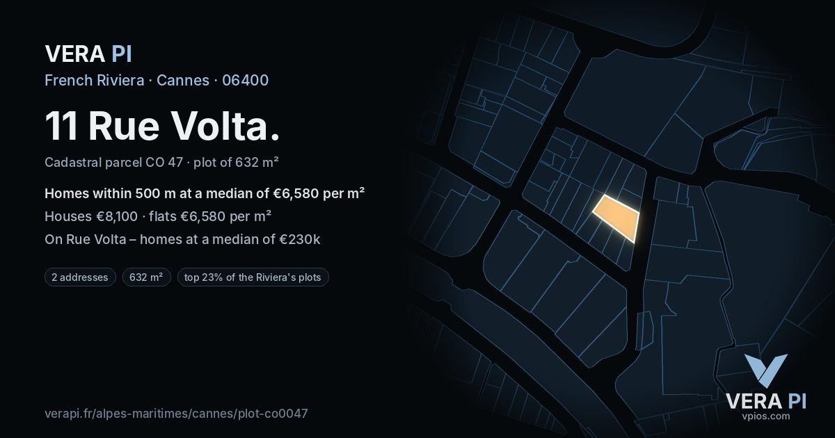 11 Rue Volta, Cannes at night – the plot lit, the parcels around coloured by the prices near them