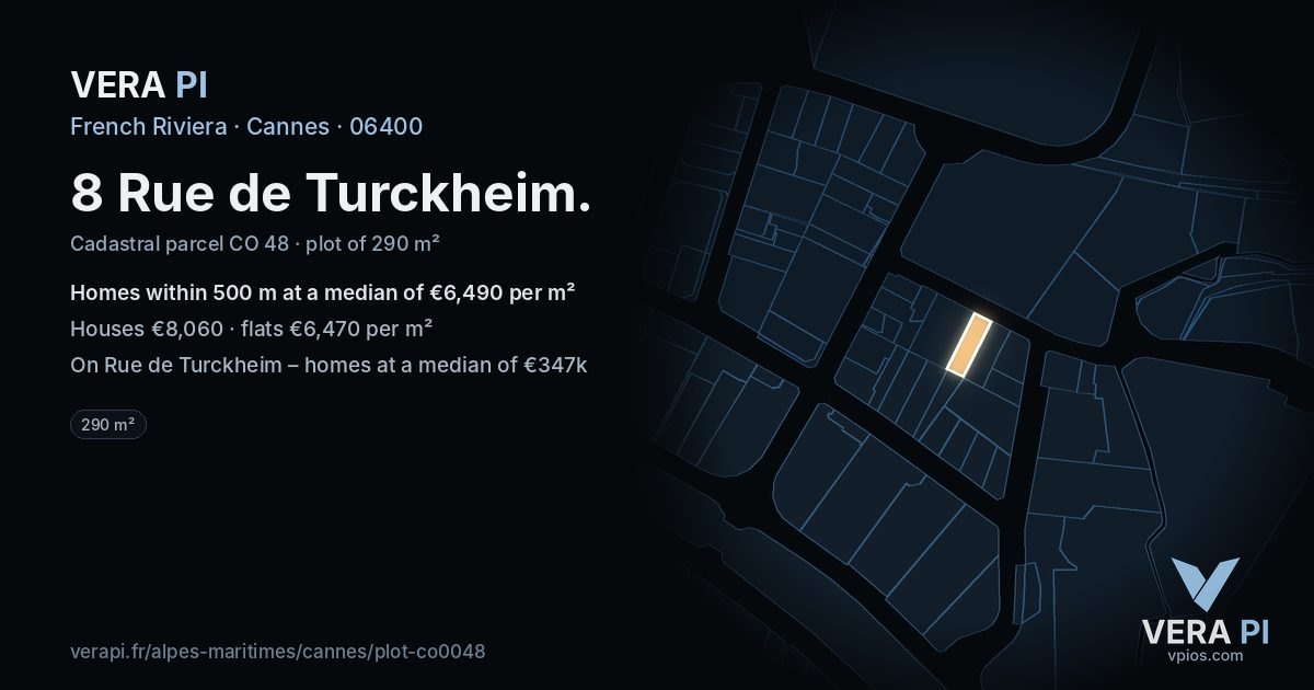 8 Rue de Turckheim, Cannes at night – the plot lit, the parcels around coloured by the prices near them