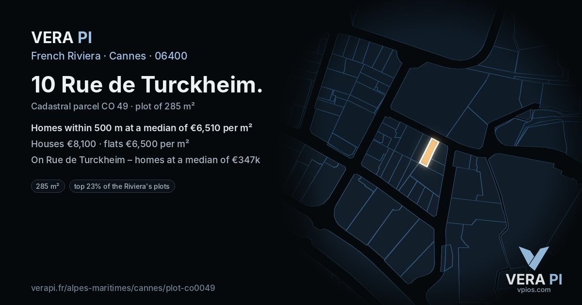 10 Rue de Turckheim, Cannes at night – the plot lit, the parcels around coloured by the prices near them