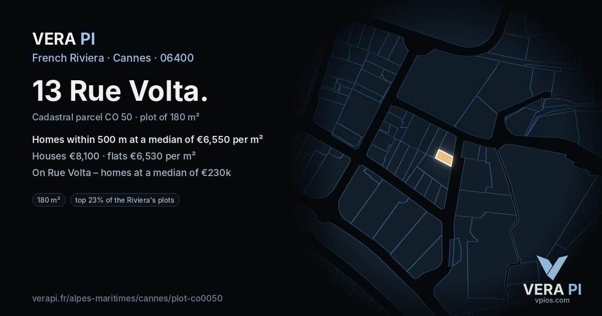 13 Rue Volta, Cannes at night – the plot lit, the parcels around coloured by the prices near them