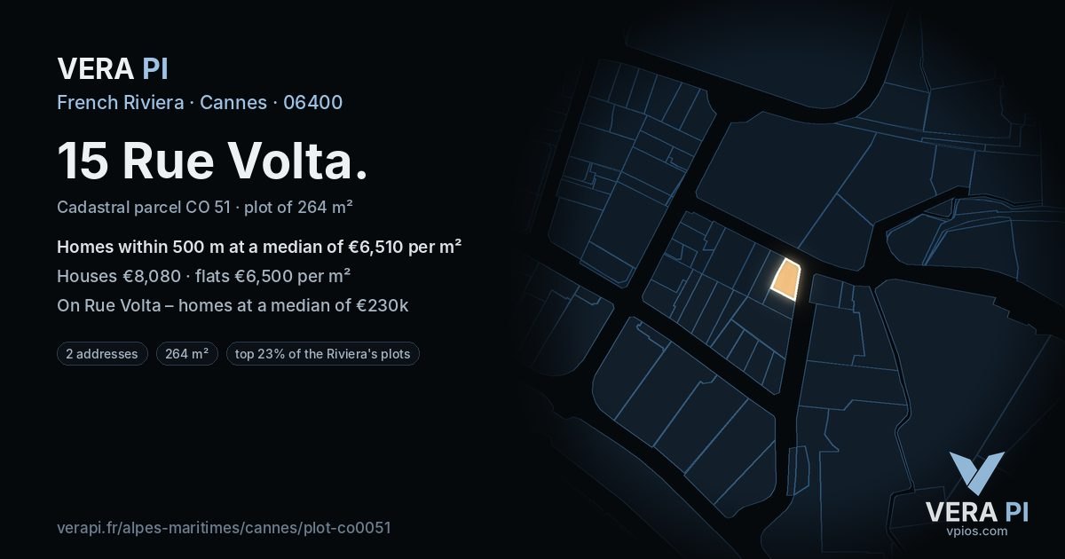 15 Rue Volta, Cannes at night – the plot lit, the parcels around coloured by the prices near them