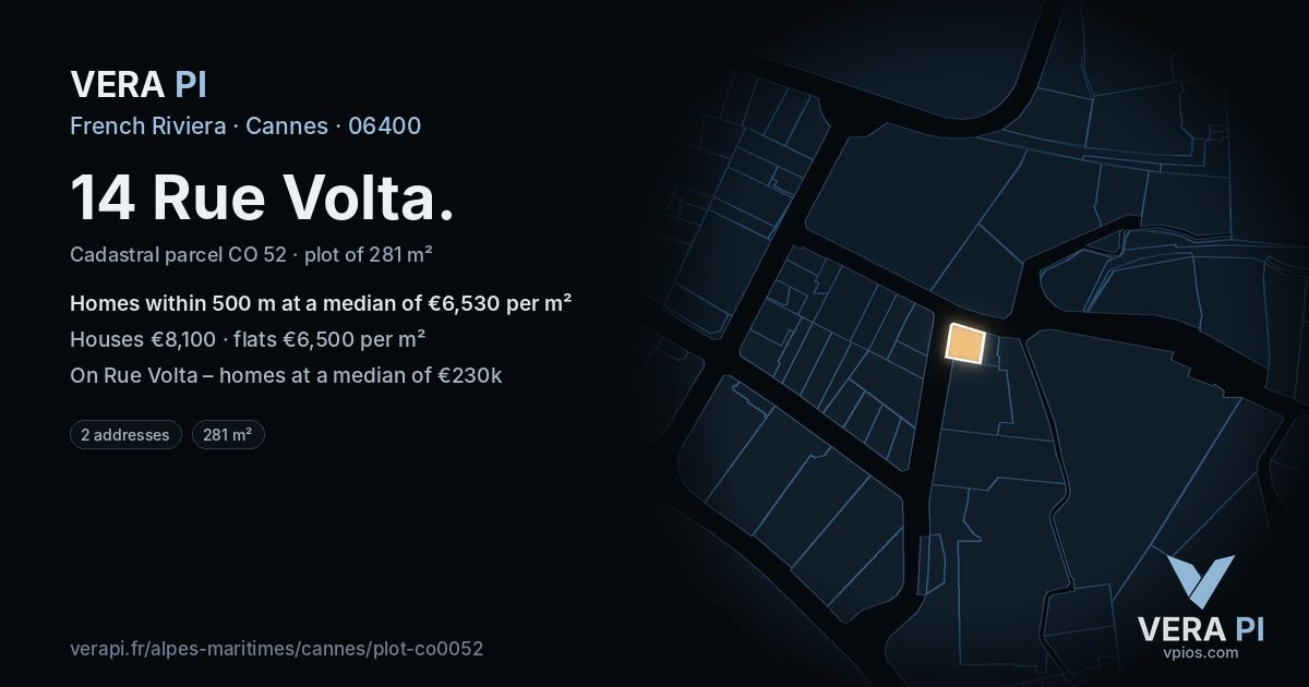 14 Rue Volta, Cannes at night – the plot lit, the parcels around coloured by the prices near them