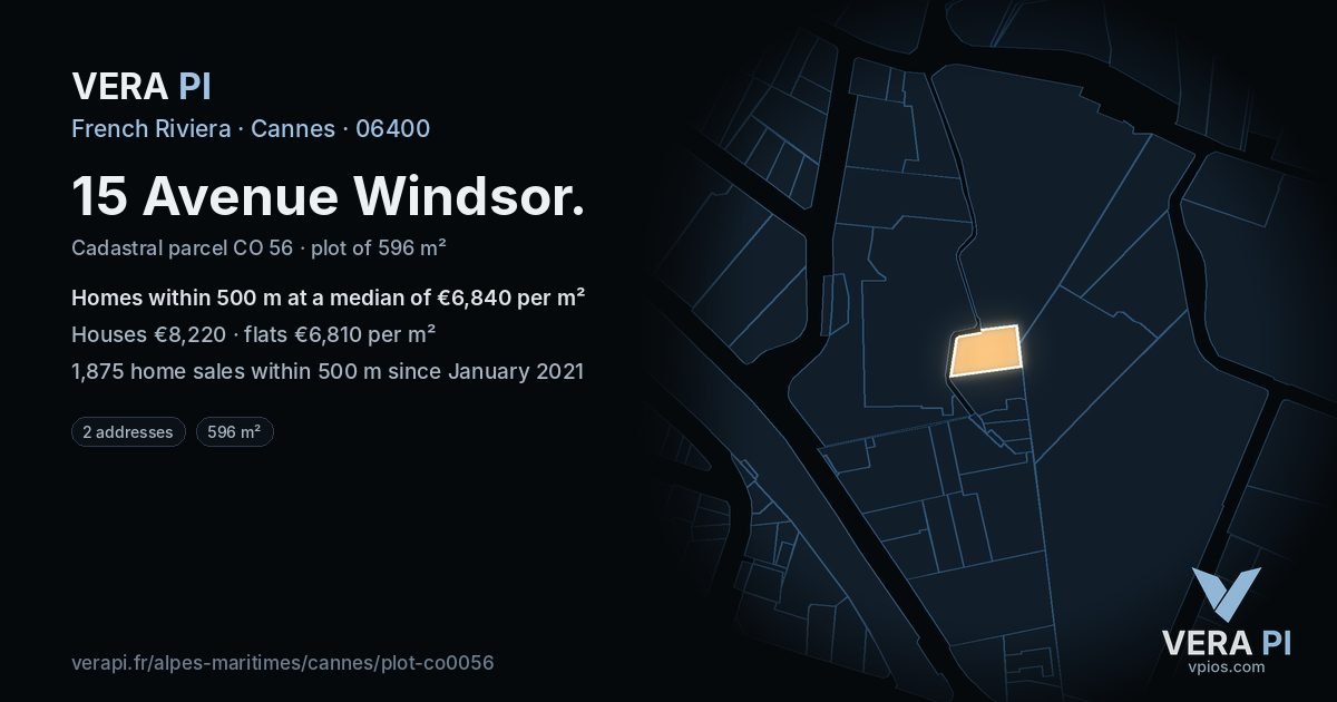 15 Avenue Windsor, Cannes at night – the plot lit, the parcels around coloured by the prices near them