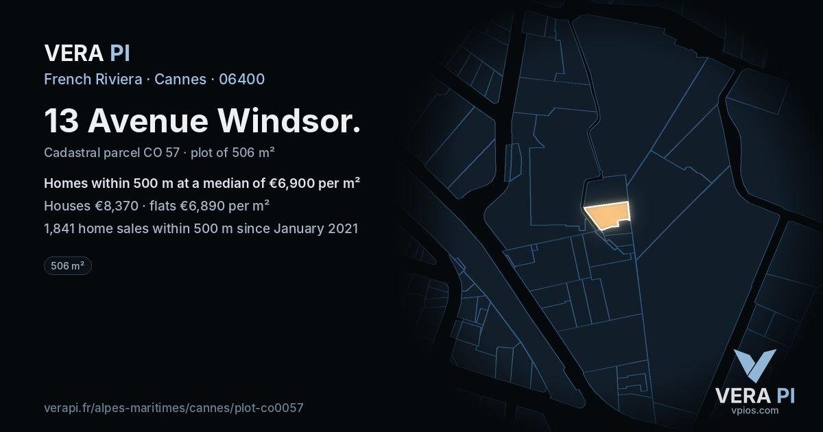 13 Avenue Windsor, Cannes at night – the plot lit, the parcels around coloured by the prices near them