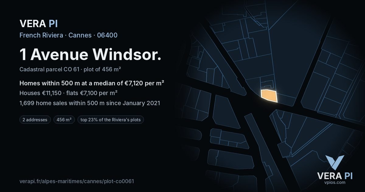1 Avenue Windsor, Cannes at night – the plot lit, the parcels around coloured by the prices near them