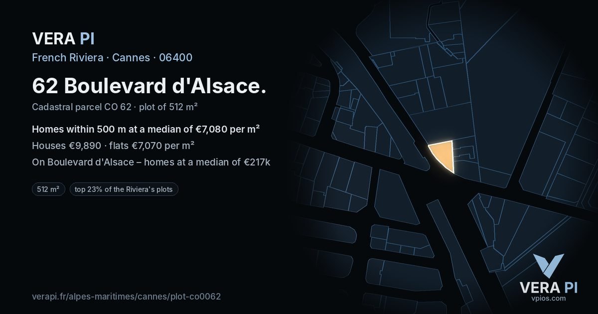 62 Boulevard d'Alsace, Cannes at night – the plot lit, the parcels around coloured by the prices near them