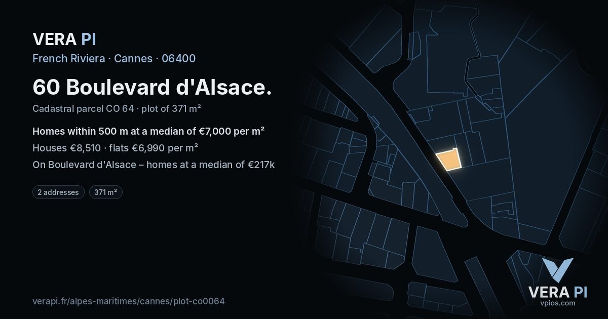 60 Boulevard d'Alsace, Cannes at night – the plot lit, the parcels around coloured by the prices near them
