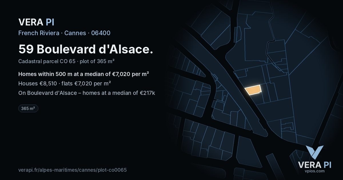 59 Boulevard d'Alsace, Cannes at night – the plot lit, the parcels around coloured by the prices near them