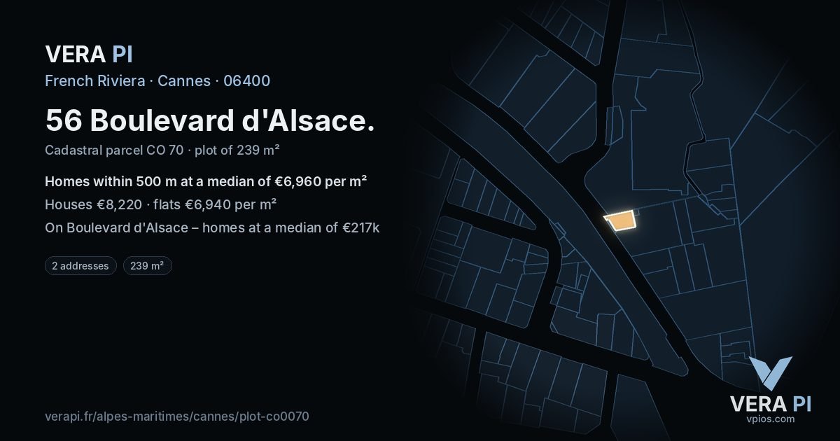 56 Boulevard d'Alsace, Cannes at night – the plot lit, the parcels around coloured by the prices near them