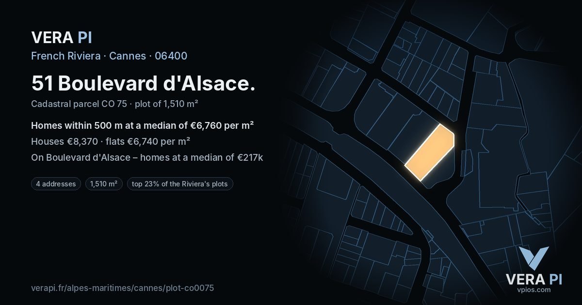 51 Boulevard d'Alsace, Cannes at night – the plot lit, the parcels around coloured by the prices near them