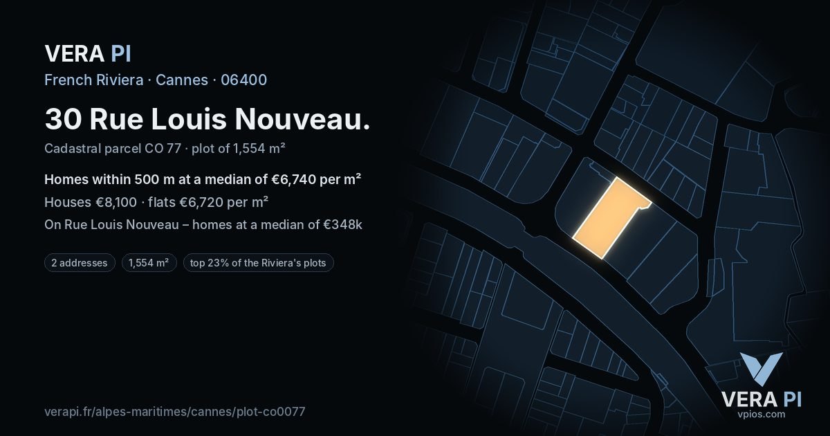 30 Rue Louis Nouveau, Cannes at night – the plot lit, the parcels around coloured by the prices near them