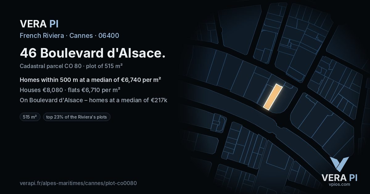 46 Boulevard d'Alsace, Cannes at night – the plot lit, the parcels around coloured by the prices near them