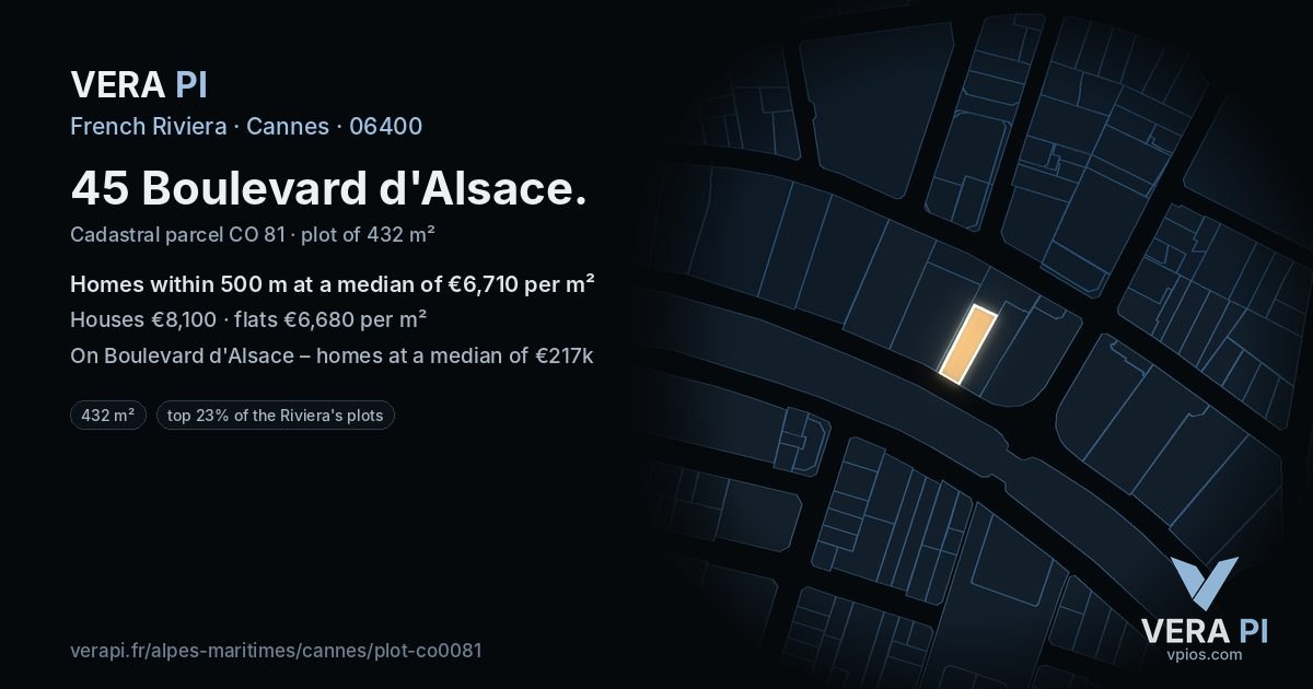 45 Boulevard d'Alsace, Cannes at night – the plot lit, the parcels around coloured by the prices near them