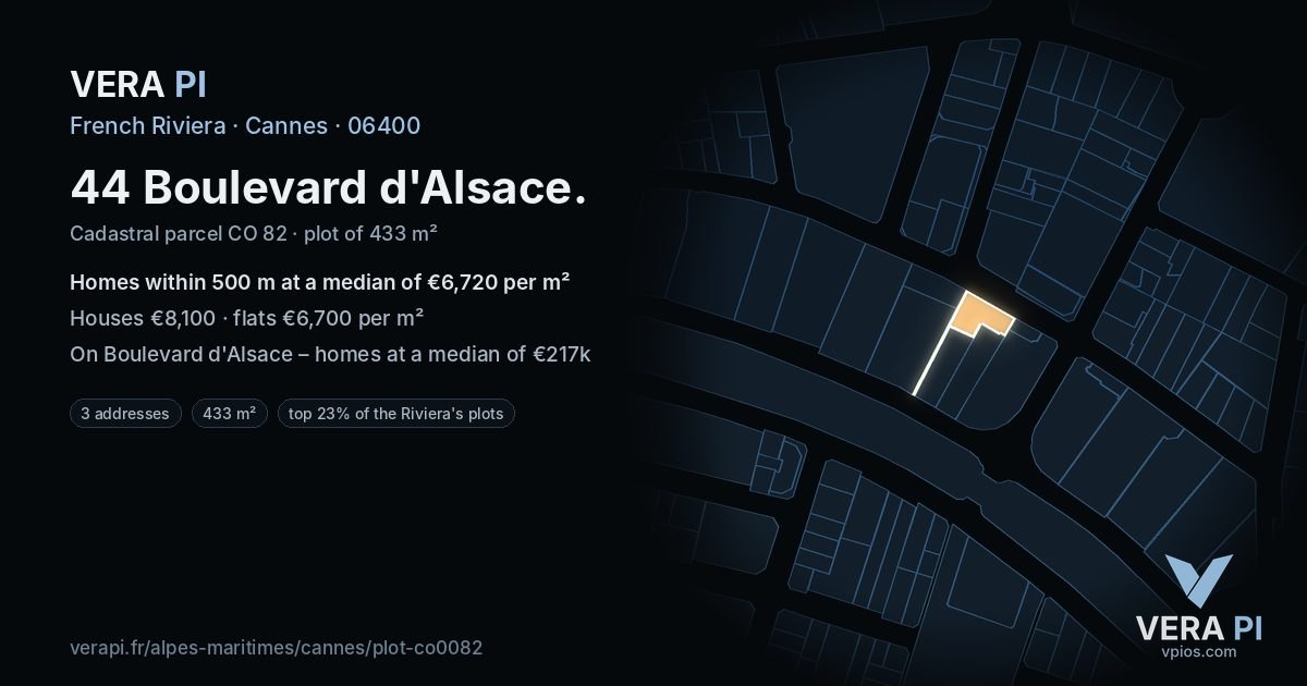 44 Boulevard d'Alsace, Cannes at night – the plot lit, the parcels around coloured by the prices near them