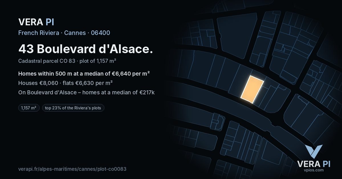 43 Boulevard d'Alsace, Cannes at night – the plot lit, the parcels around coloured by the prices near them