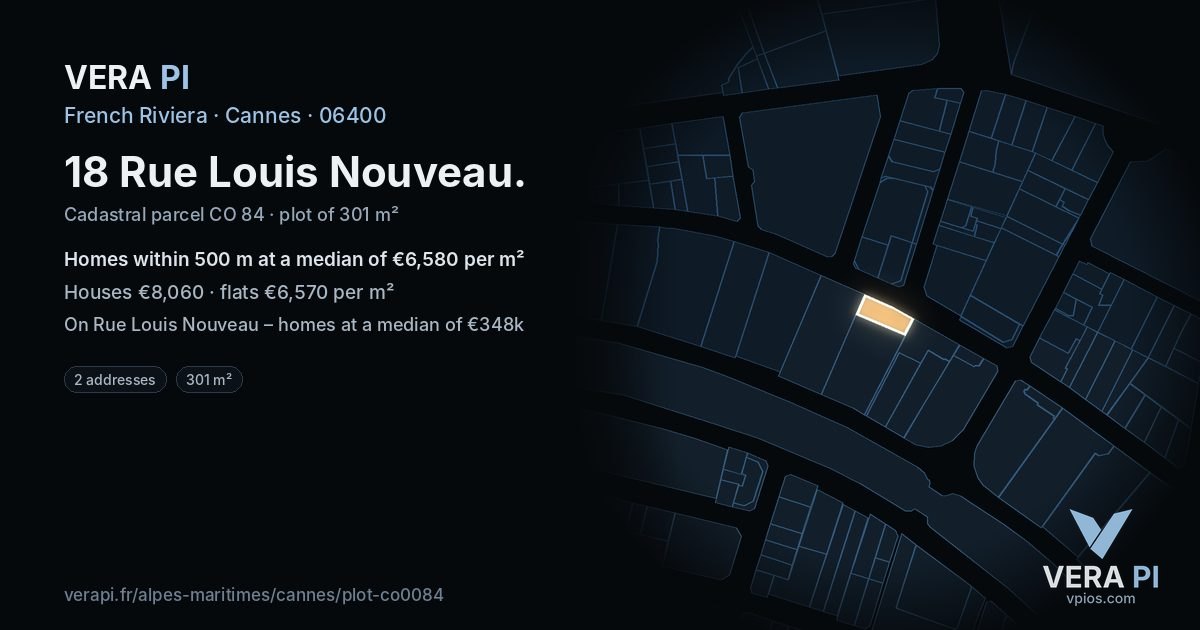 18 Rue Louis Nouveau, Cannes at night – the plot lit, the parcels around coloured by the prices near them