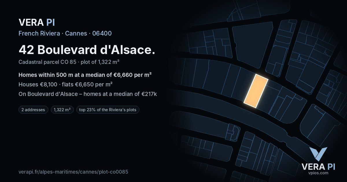 42 Boulevard d'Alsace, Cannes at night – the plot lit, the parcels around coloured by the prices near them