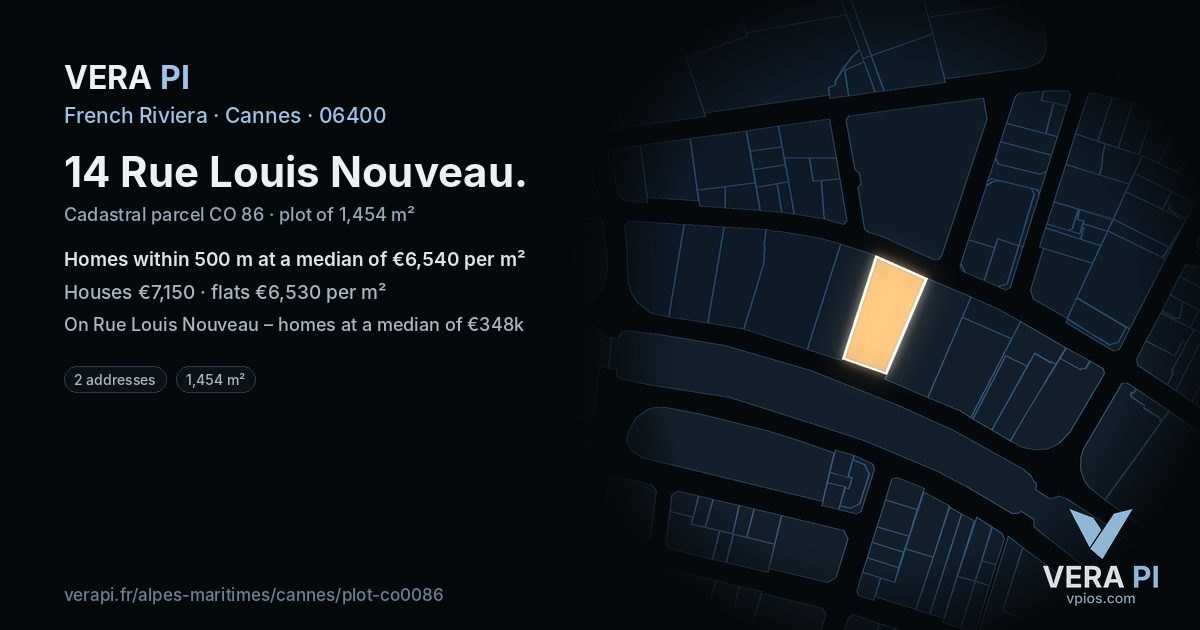 14 Rue Louis Nouveau, Cannes at night – the plot lit, the parcels around coloured by the prices near them
