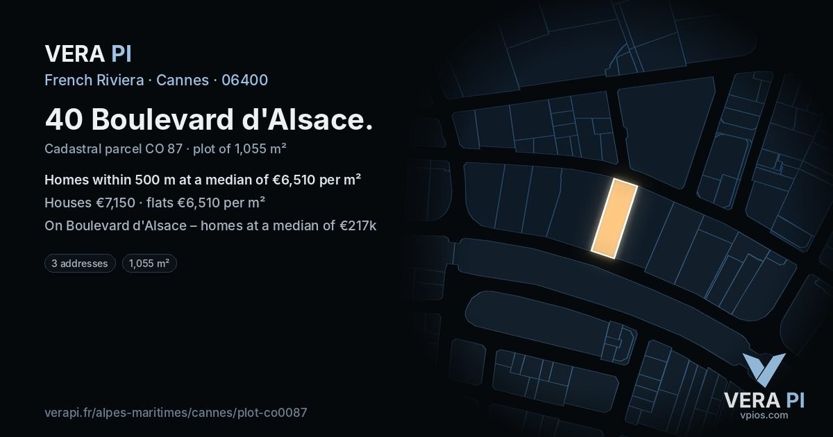 40 Boulevard d'Alsace, Cannes at night – the plot lit, the parcels around coloured by the prices near them