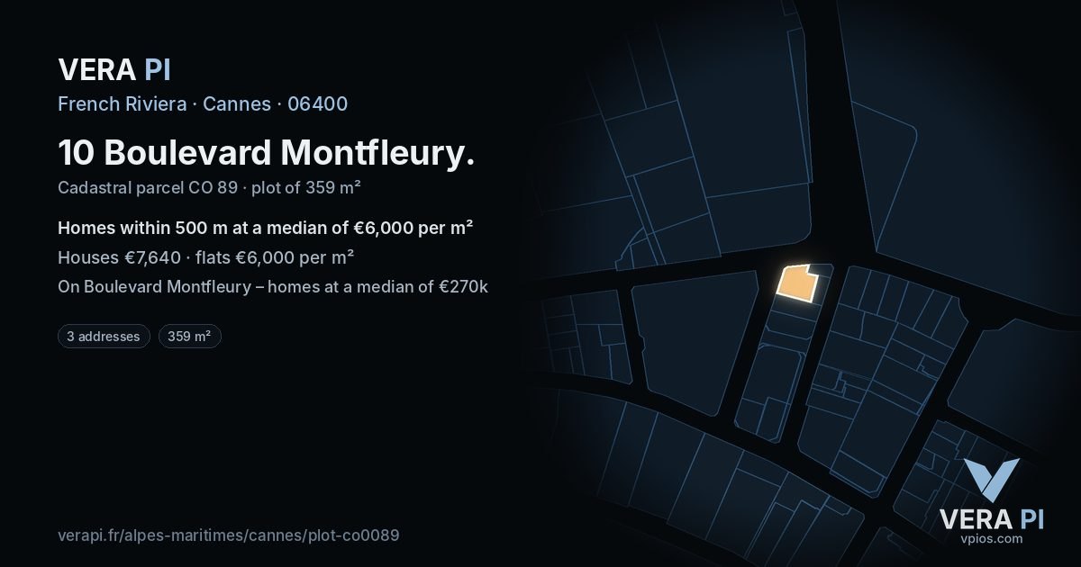 10 Boulevard Montfleury, Cannes at night – the plot lit, the parcels around coloured by the prices near them