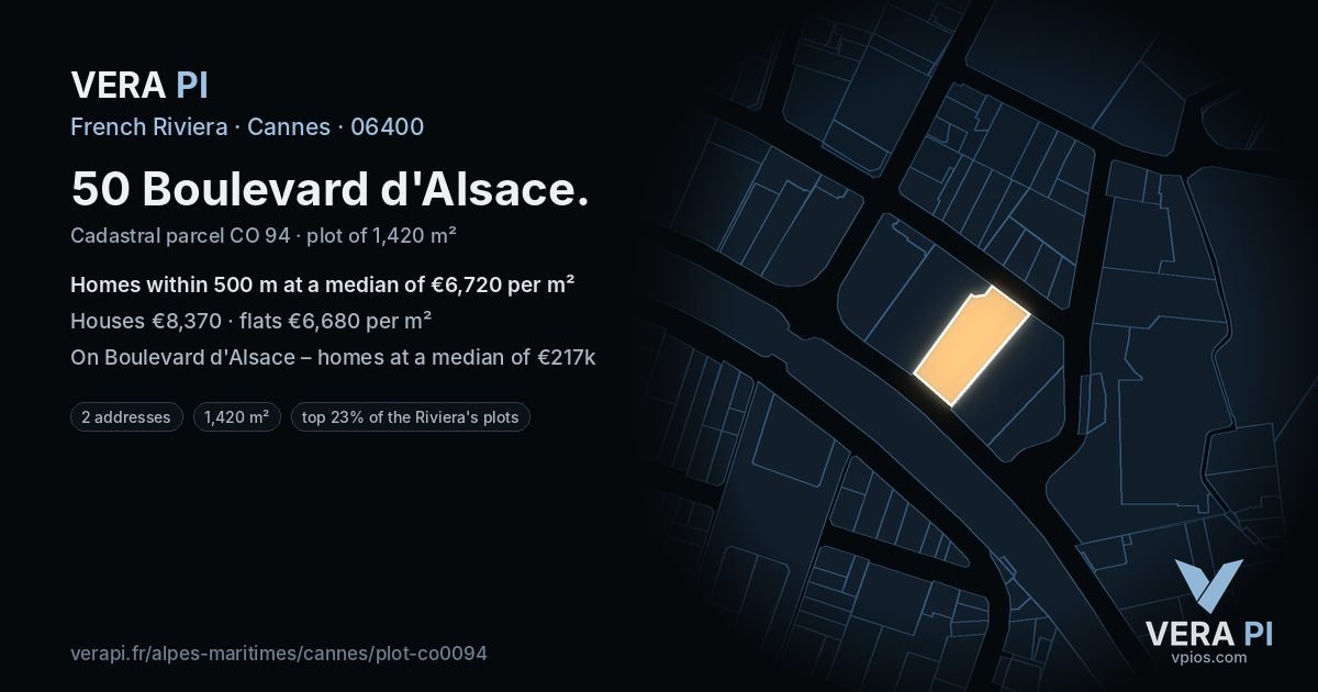 50 Boulevard d'Alsace, Cannes at night – the plot lit, the parcels around coloured by the prices near them