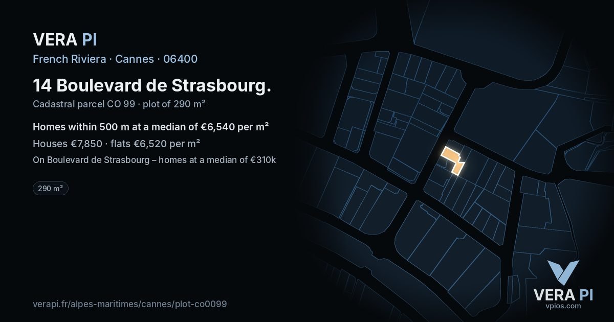14 Boulevard de Strasbourg, Cannes at night – the plot lit, the parcels around coloured by the prices near them