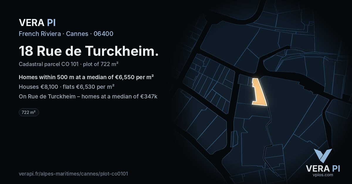 18 Rue de Turckheim, Cannes at night – the plot lit, the parcels around coloured by the prices near them